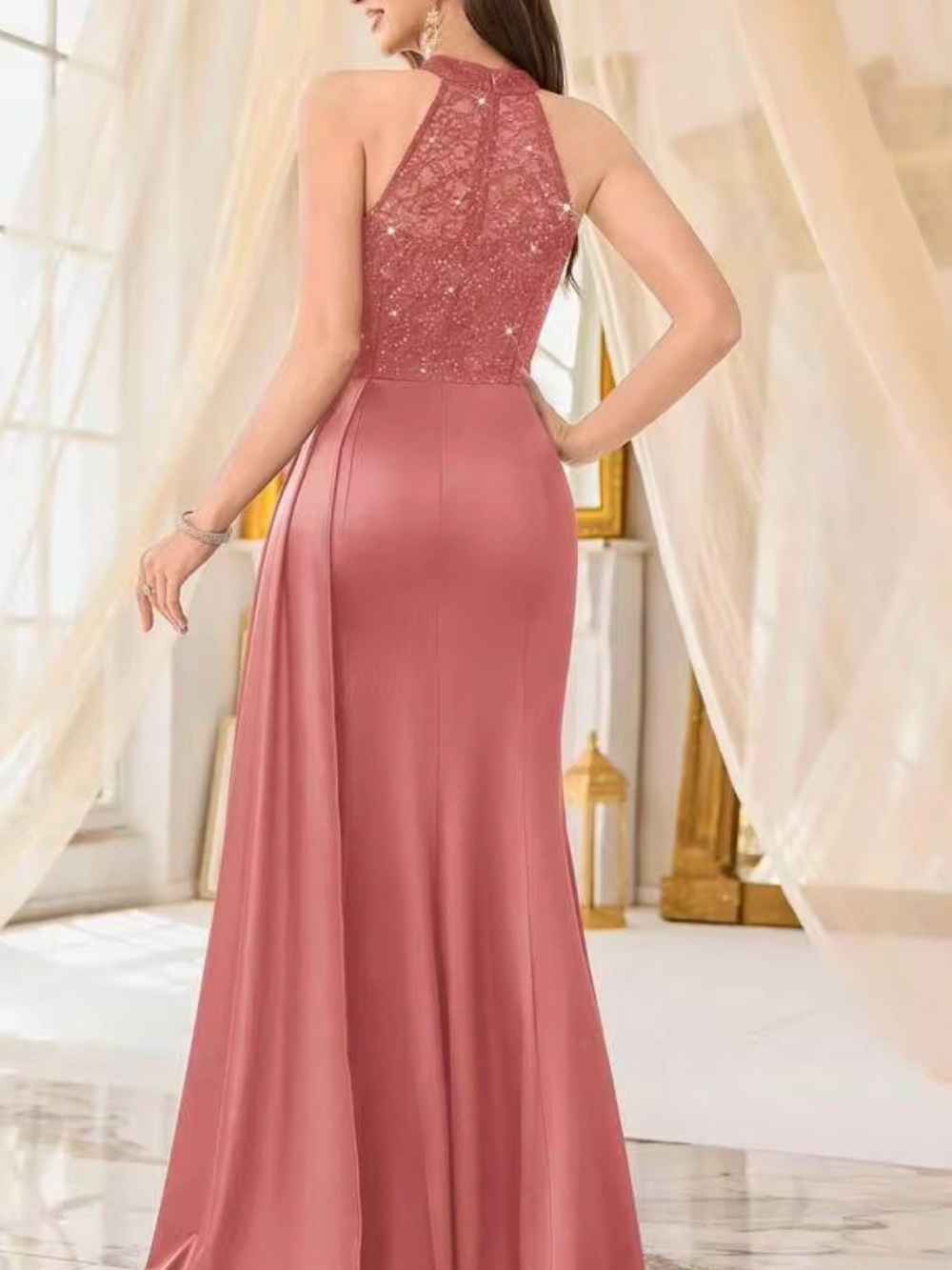 Miusol Rose Pink Halter Satin Prom Gown with Sequin Bodice - Picture 3 of 7